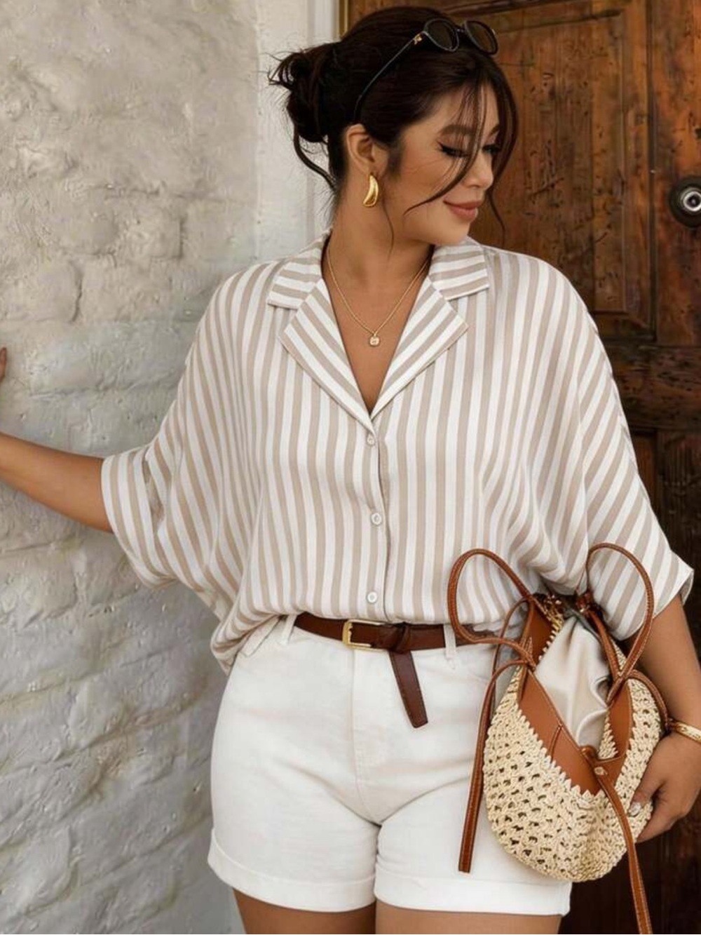 Lounesse Plus Size Women Striped Daily Half Sleeve Fashion Plus Size Shirt